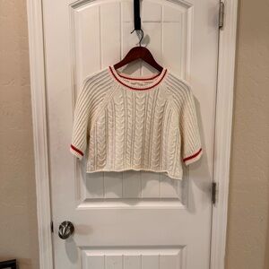 Sugar moon Cable Knit Cream Crop Top with Red Accents medium
